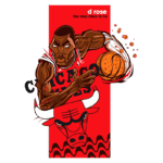 Ilustração de Derrick Rose, jogador famoso da NBA, vestindo o uniforme do Chicago Bulls, segurando uma bola de basquete. O fundo é vermelho com a frase "the MVP rises in Rio" e a imagem do icônico touro do Chicago Bulls. Ideal para fãs de basquete e cultura pop.