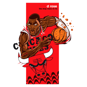 Ilustração de Derrick Rose, jogador famoso da NBA, vestindo o uniforme do Chicago Bulls, segurando uma bola de basquete. O fundo é vermelho com a frase "the MVP rises in Rio" e a imagem do icônico touro do Chicago Bulls. Ideal para fãs de basquete e cultura pop.