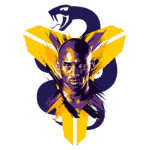 Ilustração artística de um atleta com fundo de cobra e elementos em amarelo e roxo, destacando a força e determinação, simbolizando grandeza e superação no esporte.