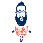 Logo estilizado com desenho de um jogador de basquete com barba, acompanhado do texto "beard gang" em letras vibrantes. Inclui o emblema da NBA na parte inferior.