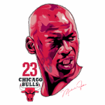Imagem estilizada de Michael Jordan, jogador icônico do Chicago Bulls, com número 23. Design vibrante destacando detalhes do rosto e a assinatura do atleta.