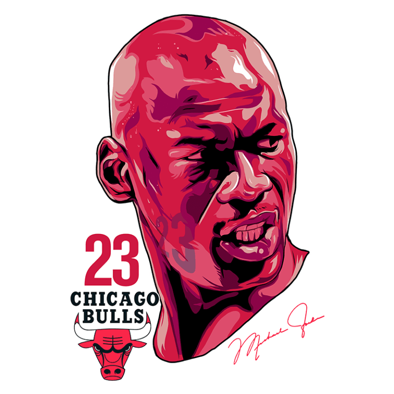 Imagem estilizada de Michael Jordan, jogador icônico do Chicago Bulls, com número 23. Design vibrante destacando detalhes do rosto e a assinatura do atleta.