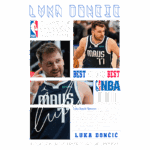 Imagem de Luka Dončić, jogador de basquete esloveno, destacando seu desempenho na NBA. Ele é conhecido por suas habilidades excepcionais e atua pelo Dallas Mavericks. A imagem inclui elementos gráficos relacionados aos playoffs da NBA e destaca sua importância no basquete europeu e mundial.