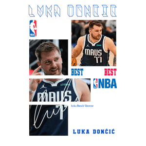 Imagem de Luka Dončić, jogador de basquete esloveno, destacando seu desempenho na NBA. Ele é conhecido por suas habilidades excepcionais e atua pelo Dallas Mavericks. A imagem inclui elementos gráficos relacionados aos playoffs da NBA e destaca sua importância no basquete europeu e mundial.
