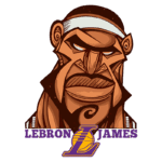 Ilustração estilizada de LeBron James, jogador de basquete, com expressão forte e logo dos Los Angeles Lakers abaixo do nome. Ideal para fãs e conteúdo esportivo.