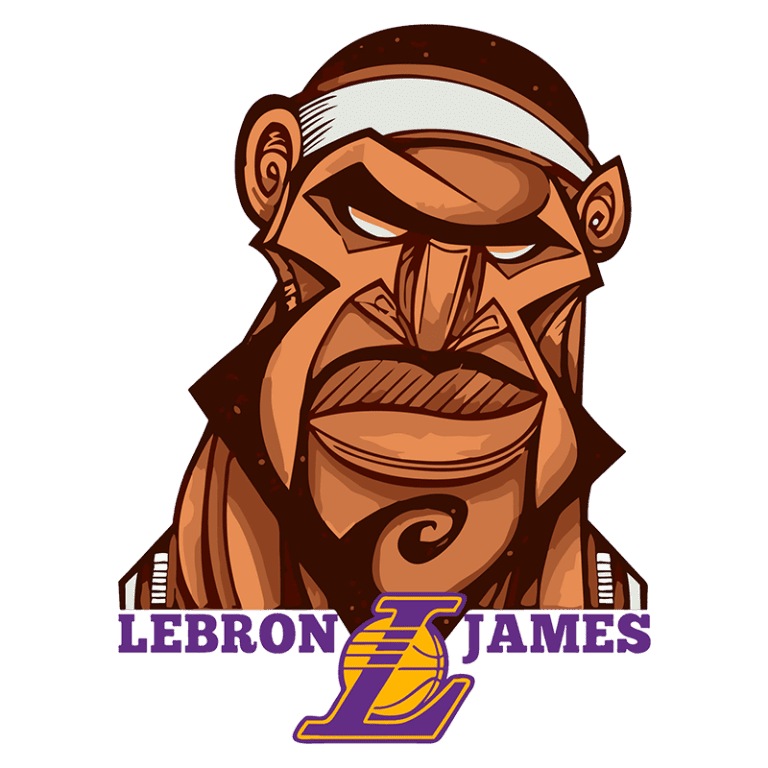Ilustração estilizada de LeBron James, jogador de basquete, com expressão forte e logo dos Los Angeles Lakers abaixo do nome. Ideal para fãs e conteúdo esportivo.