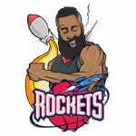 Ilustração do logotipo do Houston Rockets com um jogador de basquete, representado em estilo cartoon, segurando uma bola de basquete com um foguete. A imagem destaca a energia e o entusiasmo da equipe, simbolizando a paixão pelo basquete.