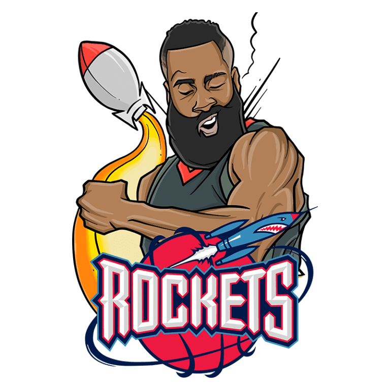Ilustração do logotipo do Houston Rockets com um jogador de basquete, representado em estilo cartoon, segurando uma bola de basquete com um foguete. A imagem destaca a energia e o entusiasmo da equipe, simbolizando a paixão pelo basquete.