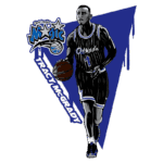 Jogador de basquete Tracy McGrady, vestido com o uniforme do Orlando Magic, driblando a bola em um fundo gráfico azul e preto.