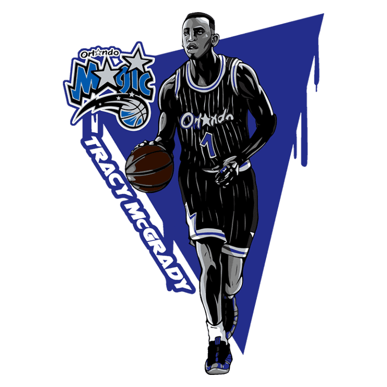 Jogador de basquete Tracy McGrady, vestido com o uniforme do Orlando Magic, driblando a bola em um fundo gráfico azul e preto.