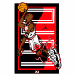 Desenho estilizado de um jogador de basquete pulando, usando o uniforme do Chicago Bulls, com a bola de basquete nas mãos. O fundo apresenta elementos em vermelho e preto, além do logo da marca Air Jordan e o número 23, representando Michael Jordan.