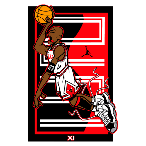 Desenho estilizado de um jogador de basquete pulando, usando o uniforme do Chicago Bulls, com a bola de basquete nas mãos. O fundo apresenta elementos em vermelho e preto, além do logo da marca Air Jordan e o número 23, representando Michael Jordan.
