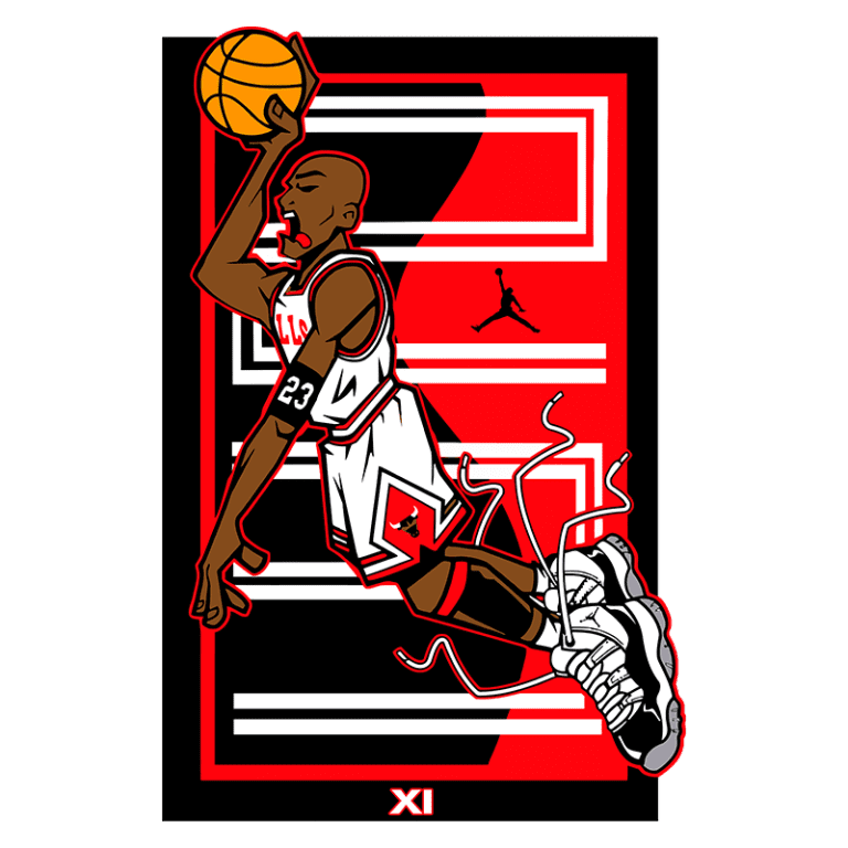Desenho estilizado de um jogador de basquete pulando, usando o uniforme do Chicago Bulls, com a bola de basquete nas mãos. O fundo apresenta elementos em vermelho e preto, além do logo da marca Air Jordan e o número 23, representando Michael Jordan.