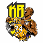 Ilustração de jogador de basquete vibrando enquanto rasga sua camisa do Los Angeles Lakers, com o número 24 em destaque e um fundo gráfico estilizado em amarelo e preto.