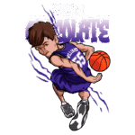 Jogador de basquete estilo cartoon, vestido com uniforme roxo e número 55, driblando a bola com uma expressão determinada. O fundo apresenta o nome "White Chocolate" em letras estilizadas.