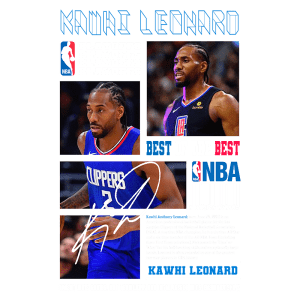 Imagem do jogador de basquete Kawhi Leonard, destaque da NBA, vestindo a camiseta do Los Angeles Clippers. Ele aparece em dois painéis, mostrando momentos em quadra, com autógrafo e logos da NBA.