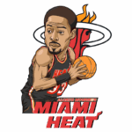 Ilustração de Alonzo Mourning, jogador de basquete, vestindo uniforme do Miami Heat, segurando uma bola de basquete com o logo da equipe ao fundo.