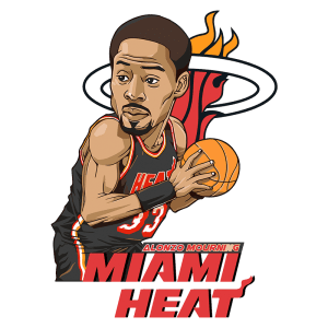 Ilustração de Alonzo Mourning, jogador de basquete, vestindo uniforme do Miami Heat, segurando uma bola de basquete com o logo da equipe ao fundo.