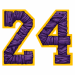 Números 24 estilizados em roxo com detalhes que lembram ataduras, em um fundo amarelo.