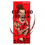 Ilustração de Joakim Noah jogando pelo Chicago Bulls, com uma expressão feroz e traje na cor vermelha, simbolizando a paixão pelo basquete e evocando a energia do esporte.