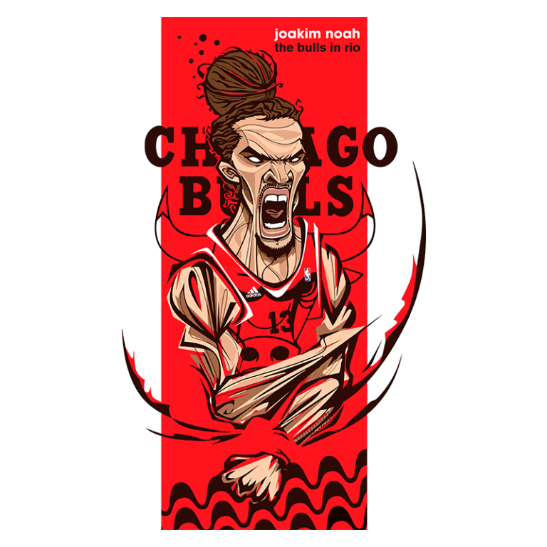 Ilustração de Joakim Noah jogando pelo Chicago Bulls, com uma expressão feroz e traje na cor vermelha, simbolizando a paixão pelo basquete e evocando a energia do esporte.