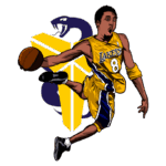 Jogador de basquete em ação, vestido com uniforme amarelo do Los Angeles Lakers e segurando uma bola, entrelaçado com um símbolo de cobra e um emblema.