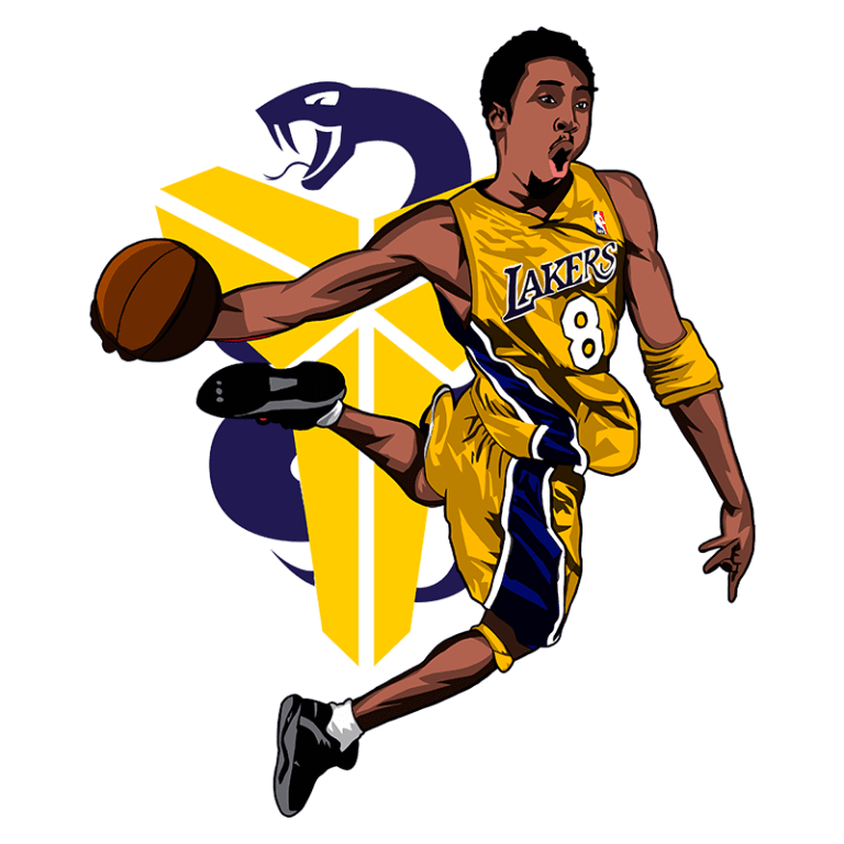 Jogador de basquete em ação, vestido com uniforme amarelo do Los Angeles Lakers e segurando uma bola, entrelaçado com um símbolo de cobra e um emblema.