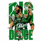 Ilustração vibrante de Jason Tatum do Boston Celtics, com destaque para suas jogadas impressionantes, cercado por elementos gráficos que incluem o termo "BIG DEUCE". O design captura a energia do basquete e a paixão pela equipe, apresentando também uma figura estilizada de um torcedor com características celtas.