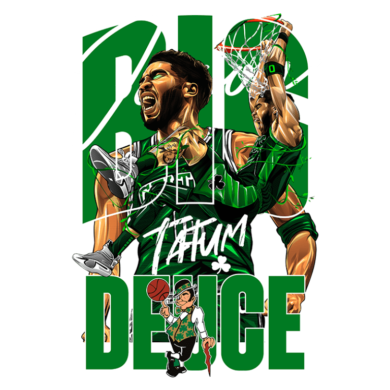 Ilustração vibrante de Jason Tatum do Boston Celtics, com destaque para suas jogadas impressionantes, cercado por elementos gráficos que incluem o termo "BIG DEUCE". O design captura a energia do basquete e a paixão pela equipe, apresentando também uma figura estilizada de um torcedor com características celtas.