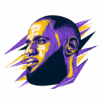 Ilustração de LeBron James em estilo artístico, destacando seu perfil com traços em cores roxa e amarela, representando sua atitude competitiva e habilidade no basquete.