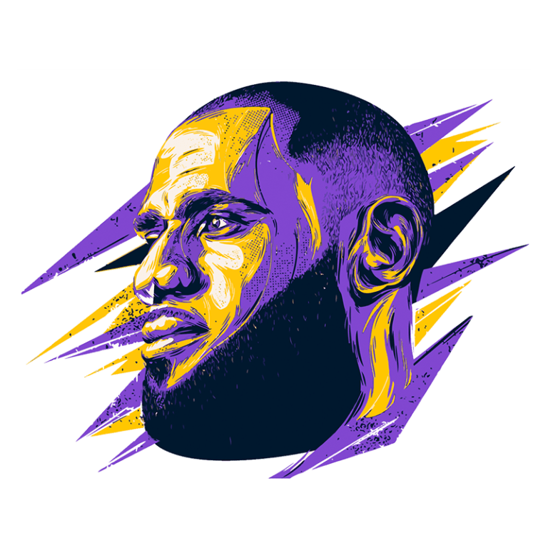Ilustração de LeBron James em estilo artístico, destacando seu perfil com traços em cores roxa e amarela, representando sua atitude competitiva e habilidade no basquete.