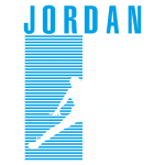 Imagem estilizada com o logo "JORDAN", apresentando a silhueta de um jogador de basquete em movimento, saltando para realizar uma enterrada. Design em azul e branco, destacando a energia e agilidade do esporte.