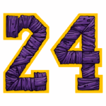 Números 2 e 4 estilizados em roxo com detalhes de aparência texturizada, cercados por um contorno amarelo, representando um design gráfico criativo.