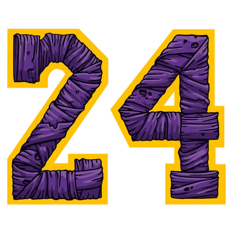Números 2 e 4 estilizados em roxo com detalhes de aparência texturizada, cercados por um contorno amarelo, representando um design gráfico criativo.