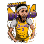 Ilustração de Anthony Davis, jogador dos Los Angeles Lakers, expressando emoção com um grito de motivação. Ele veste o uniforme amarelo do time, com o número 3 em destaque, e apresenta um visual enérgico e dinâmico.