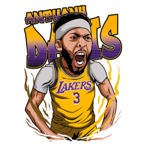Ilustração de Anthony Davis, jogador dos Los Angeles Lakers, expressando emoção com um grito de motivação. Ele veste o uniforme amarelo do time, com o número 3 em destaque, e apresenta um visual enérgico e dinâmico.