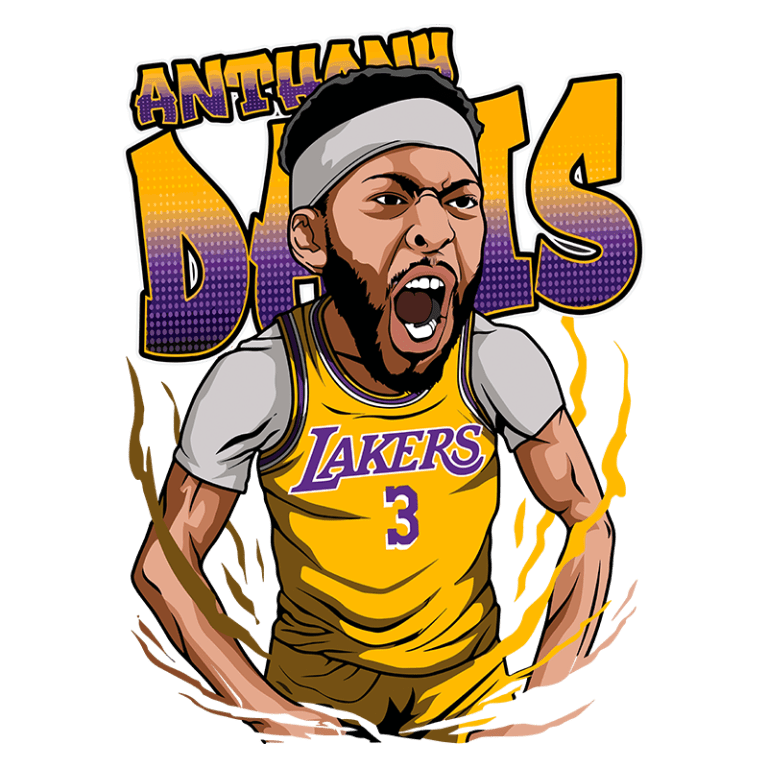 Ilustração de Anthony Davis, jogador dos Los Angeles Lakers, expressando emoção com um grito de motivação. Ele veste o uniforme amarelo do time, com o número 3 em destaque, e apresenta um visual enérgico e dinâmico.