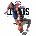 Jogador de basquete driblando uma bola, vestindo uniforme dos LA Clippers, com logo da equipe ao fundo. Ilustração que destaca a ação e dinamismo do jogo.