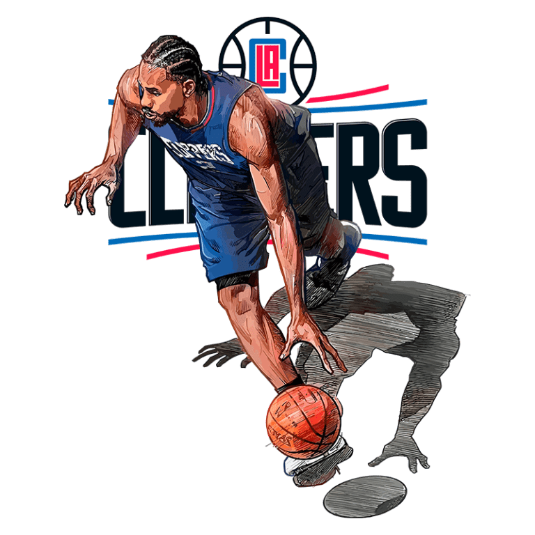 Jogador de basquete driblando uma bola, vestindo uniforme dos LA Clippers, com logo da equipe ao fundo. Ilustração que destaca a ação e dinamismo do jogo.