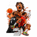 Ilustração vibrante de jogadores de basquete com destaque para um atleta em ação, vestindo uniforme do Houston Rockets. A imagem apresenta movimento dinâmico, expressões emocionais intensas e elementos gráficos de fogo, simbolizando energia e paixão pelo basquete. Texto em destaque: "RED HOT GRIND" e "LIGHT THE FUSE".