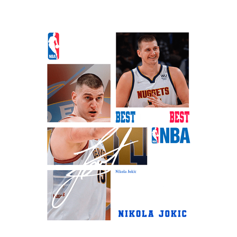 Imagem de Nikola Jokić, jogador de basquete serbio, reconhecido como um dos melhores pivôs da NBA. Ele veste a camiseta do Denver Nuggets durante os playoffs. Inclui uma biografia resumida e informações sobre suas conquistas na liga.