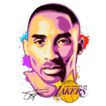 Ilustração estilizada do jogador de basquete Kobe Bryant com as cores vibrantes, destacando seu rosto e o logo dos Los Angeles Lakers, acompanhado de sua assinatura. Ideal para fãs de basquete e colecionadores de arte esportiva.