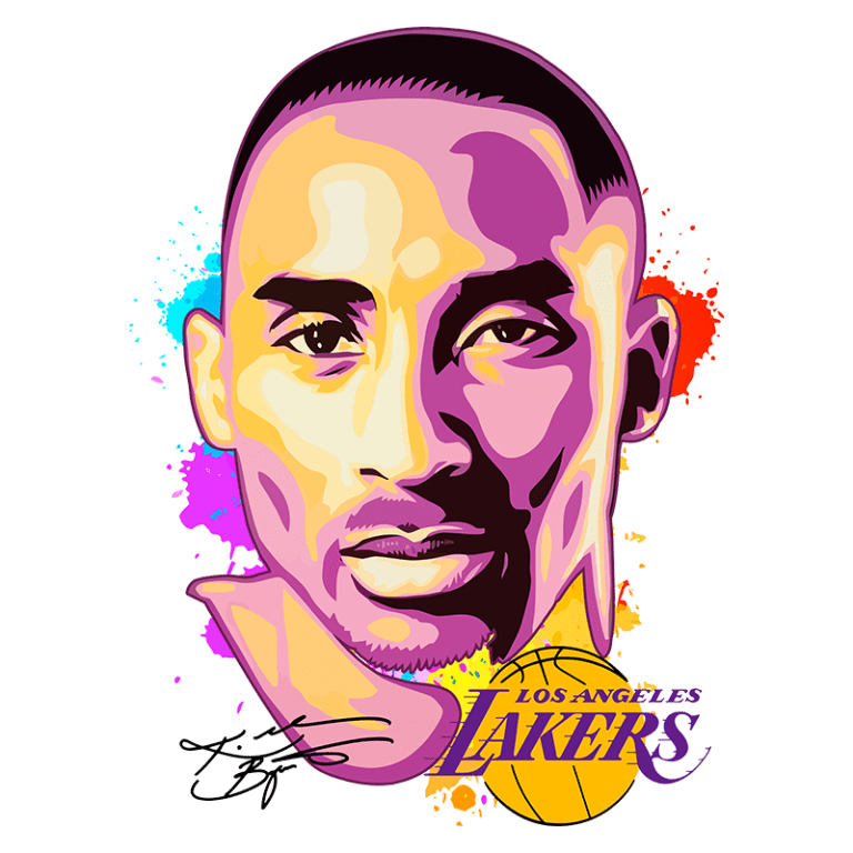 Ilustração estilizada do jogador de basquete Kobe Bryant com as cores vibrantes, destacando seu rosto e o logo dos Los Angeles Lakers, acompanhado de sua assinatura. Ideal para fãs de basquete e colecionadores de arte esportiva.