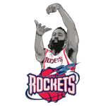 Jogador de basquete lançando a bola em uma ilustração estilizada do logo do Houston Rockets, destacando a equipe e a ação dinâmica do jogo.