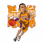 Ilustração de Kobe Bryant, conhecido como "Black Mamba", jogando basquete, vestindo o uniforme do Los Angeles Lakers, número 24. A arte destaca sua habilidade e estilo dinâmico, com um fundo colorido e elementos que representam sua influência no esporte.