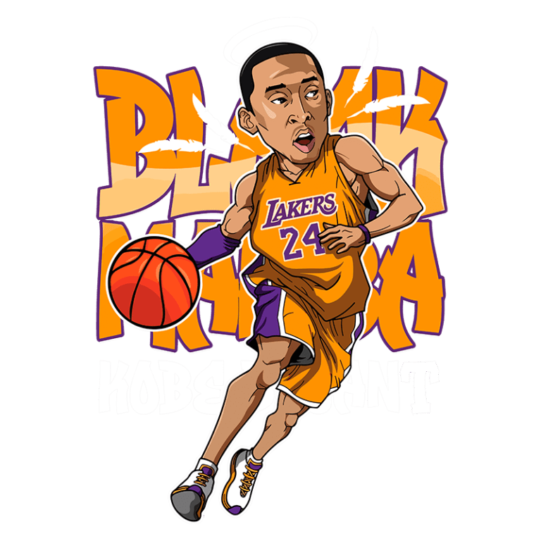 Ilustração de Kobe Bryant, conhecido como "Black Mamba", jogando basquete, vestindo o uniforme do Los Angeles Lakers, número 24. A arte destaca sua habilidade e estilo dinâmico, com um fundo colorido e elementos que representam sua influência no esporte.