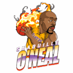 Ilustração do jogador de basquete Shaquille O'Neal em uniforme do Los Angeles Lakers, com uma bola de basquete em chamas, representando sua energia e habilidade no esporte.