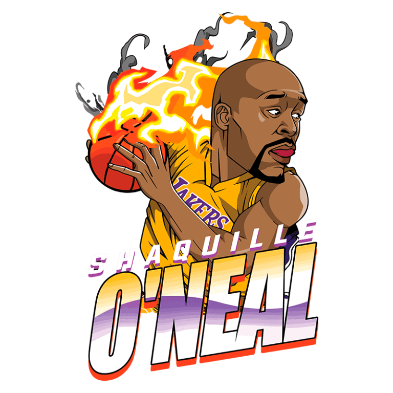 Ilustração do jogador de basquete Shaquille O'Neal em uniforme do Los Angeles Lakers, com uma bola de basquete em chamas, representando sua energia e habilidade no esporte.