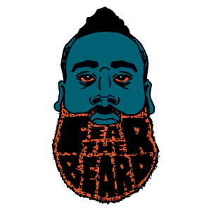 Ilustração de um homem com uma barba volumosa e um moicano, representando a frase "Fear the Beard" em letras laranjas. A arte tem um estilo gráfico moderno e expressivo, destacando a personalidade e o estilo. Ideal para temas relacionados a cuidados com a barba e cultura masculina.