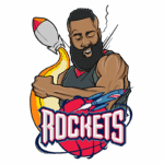 Ilustração do logo do time de basquete Houston Rockets, apresentando um jogador com cabelo e barba, segurando uma bola de basquete, acompanhado de uma chama e um foguete. O design é colorido e enérgico, refletindo a identidade dinâmica da equipe.